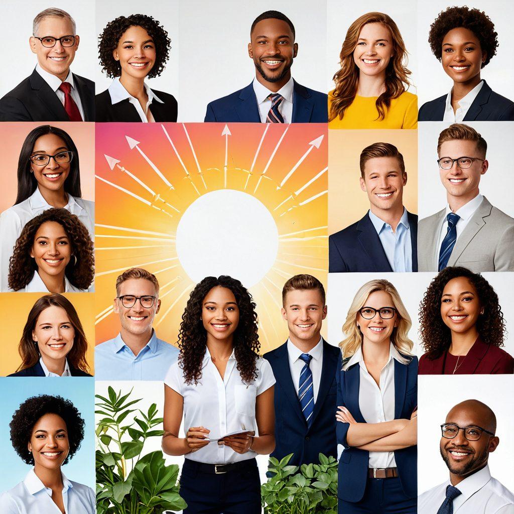 A vibrant collage depicting diverse professionals engaged in their fulfilling careers, surrounded by symbols of growth like upward arrows and blooming plants. Include elements of joy such as smiling faces, teamwork, and personal achievements. The background should feature a bright sunrise symbolizing new beginnings. Create a harmonious blend of colors to evoke positivity and motivation. super-realistic. vibrant colors. white background.