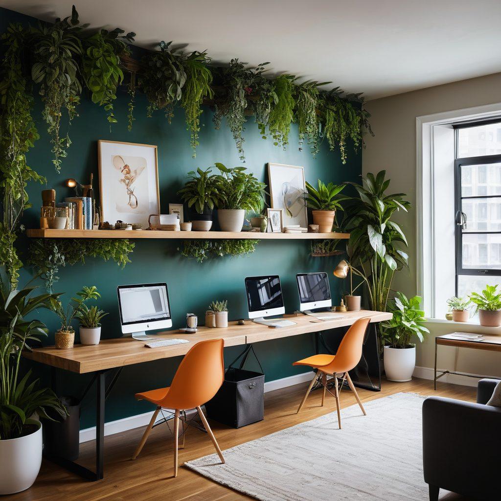 A serene workspace split into two halves: one side a cozy home office with plants, a warm mug of coffee, and soft lighting, and the other a vibrant corporate setting with diverse professionals collaborating energetically. In the center, a delicate balance scale symbolizes harmony, with symbols of career growth and personal well-being on each side. super-realistic. vibrant colors. inviting atmosphere.