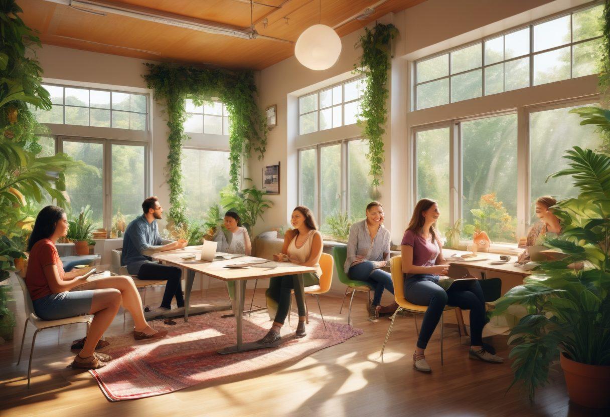 A vibrant illustration of a diverse group of joyful employees collaborating in a bright, open workspace filled with greenery and inspiring artwork. Sunlight streams through large windows, casting warm light on smiling faces as they engage in meaningful conversations and share ideas. Include elements like comfortable seating areas and motivational posters to emphasize a positive atmosphere. super-realistic. vibrant colors.